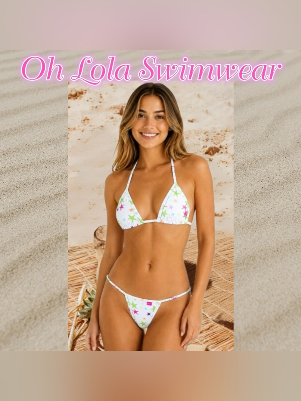 Oh Lola Multicolor Star Print Micro Bikini Set w/ Pouch | Size Small